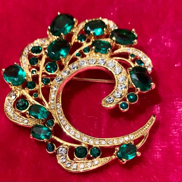 💎 Vtg. Camrose & Kross Jbk Emerald & Clear Glass Rhinestone Feather💎#BROC - Picture 3 of 16